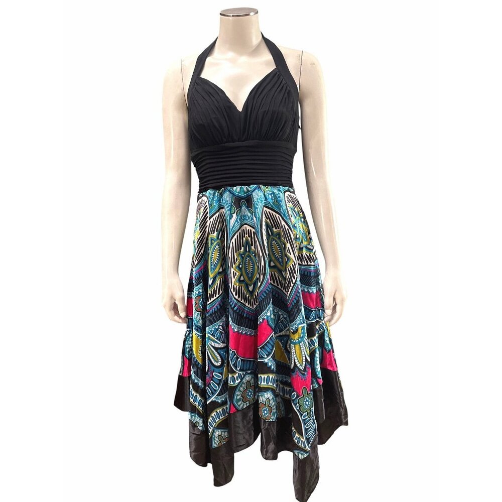 Signature by Sangria Size Small Black Blue Halter Dress Handkerchief Hem Bohemia - Picture 2 of 14